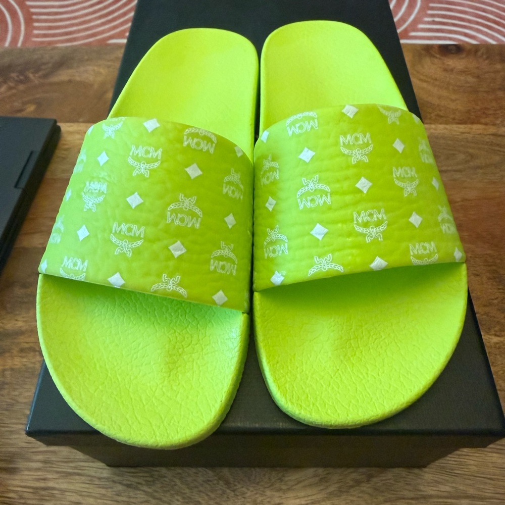 MCM Lime Green Logo Slide Sandals